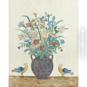 Flowers In A Blue Painted Vase With Bird Flowers In A Blue Painted Vase With Bird