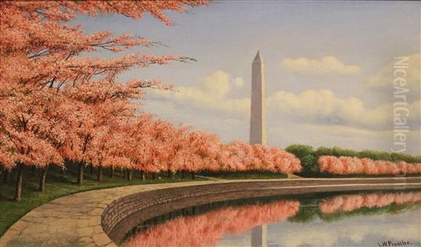 The Tidal Basin With The Monument And Cherry Blossoms - view 1