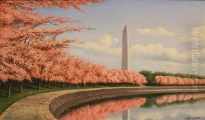 The Tidal Basin With The Monument And Cherry Blossoms