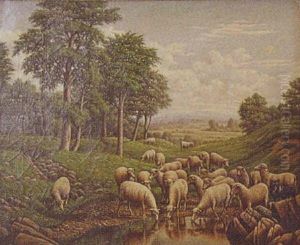 Landscape Of Sheep Beside A Stream Landscape Of Sheep Beside A Stream