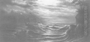 Rocky Shore Scene Under A Full Moon