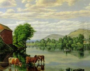 Cows Drinking From River Within A Landscape by Levi Wells Prentice