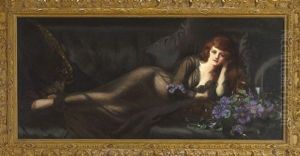 Portrait Of A Lady Wearing A Black Lace Trimmed Nightdress Reclining On A Divan
