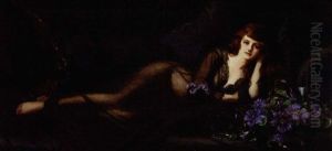 Portrait Of A Lady Wearing A Black Lace Trimmed Nightdress Reclining On A Divan