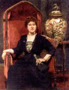 Portrait Of A Lady Wearing A Black Dress With Sequins And Jewellery, An Orientalist Urn On A Table Beyond