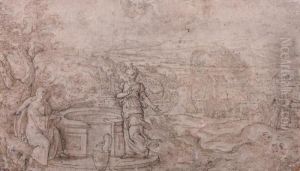 Le Christ Et La Samaritaine Dans Un Paysage by Hans Bol