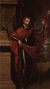 A Warrior Martyr Standing By An Ornamental Cross On A Pedestal