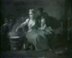 A Mother Seated On The Ground Surrounded By Her Children In An Interior; And A Mother Seated Before A Stove With Her