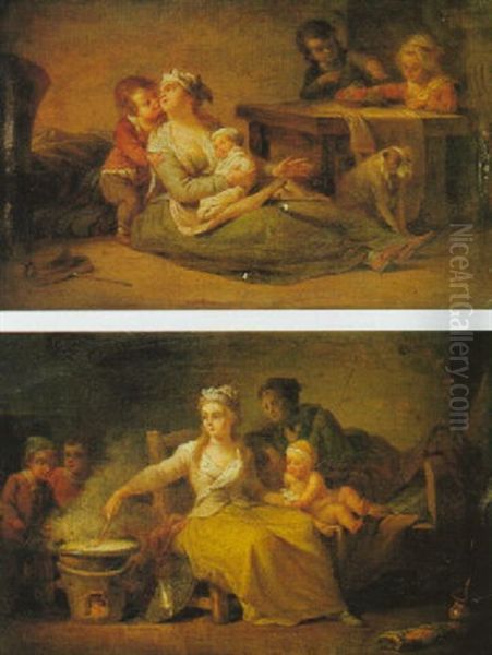 A Mother Seated On The Ground Surrounded By Her Children In An Interior - view 1