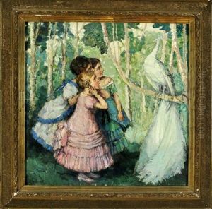 Drei Madchen Bestaunen Einen Weisen Pfau, Der Auf Einem Ast Sitzt by Else Preussner