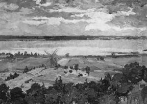 Blick Uber Eine Weite Markische Landschaft Mit Bockwindmuhle Und See by Else Preussner