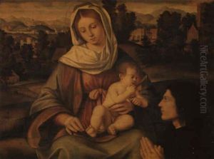 The Madonna And Child In A Landscape With A Kneeling Donor by Andrea Previtali