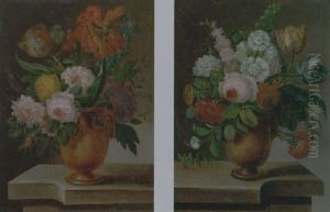Still Life Of Roses, Tulips, Stocks, Carnations, Convulvuli And Other Flowers In A Terracotta Urn, Upon A Stone Ledge