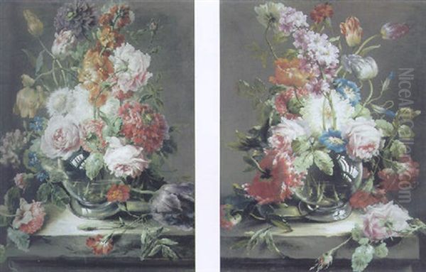 Roses, Tulips, Chrysanthemums And Carnations In A Glass Vase On A Stone Ledge - view 1