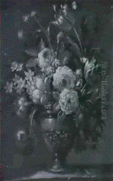 Roses, Carnations, Tulips And Other Flowers In A Vase On A Ledge - view 1