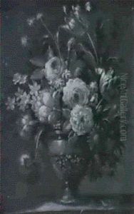 Roses, Carnations, Tulips And Other Flowers In A Vase On A  Ledge