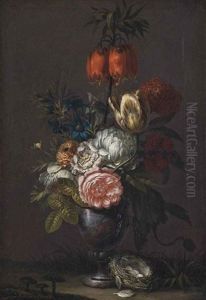 A Rose, A Parrot Tulip And Other Flowers In A Sculpted, In A Landscape With A Nest A Rose, A Parrot Tulip And Other Flowers In A Sculpted, In A Landscape With A Nest