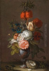 Ein Elegantes Blumenstillleben Mit Pilzen Und Einem Vogelnest