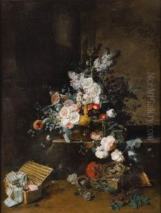 Nature Morte Au Panier De Fleurs Et A La Boite A Rubans