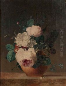 Bouquet De Roses, Muguet, Myosotis, Aubepine Dans Un Vase Sur Un Entablement by Jean Louis Prevost