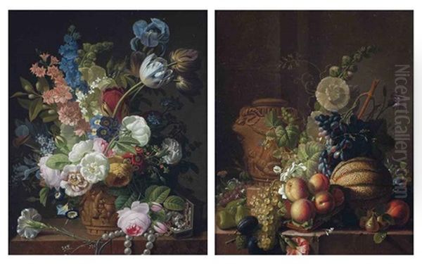 Roses, Tulips, Irises And Other Flowers In A Terracotta Vase On A Ledge With A String Of Pearls And A Jewerly Box (+ Another, 2 Works) - view 1
