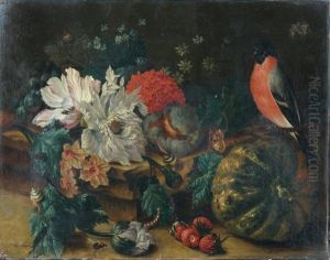 Nature Morte Aux Fleurs, Oiseau Et Potiron