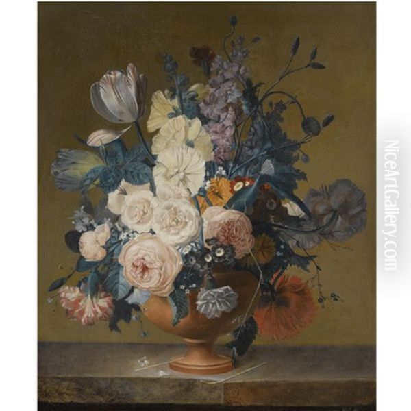 A Still Life Of Roses, Tulips, Peonies, Stocks, Carnations, Poppies And Other Flowers In A Terracotta Vase On A Marble Ledge - view 1