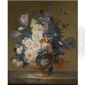 A Still Life Of Roses, Tulips, Peonies, Stocks, Carnations, Poppies And Other Flowers In A Terracotta Vase On A Marble Ledge by Jean Louis Prevost