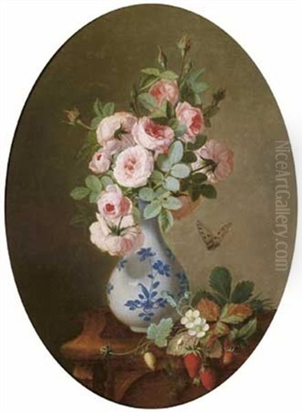 Nature Morte Au Vase De Fleurs Dans Un Ovale Peint - view 1
