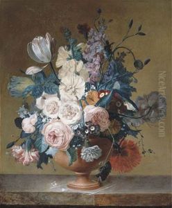 Roses, Tulips, Peonies, Stocks, Carnations, Poppies And Other Flowers In A Terracotta Vase On A Marble Ledge