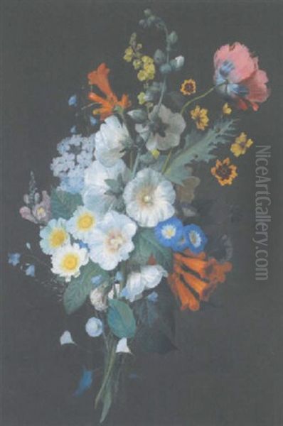 A Bouquet Of Hollyhocks, Poppies, Morning Glory, Phlox, Campanula, Antirrhinum, Harebells And Other Flowers - view 1