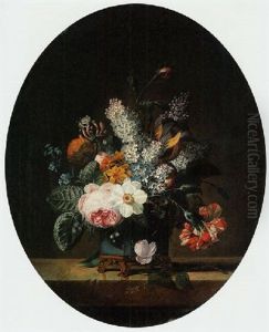 Roses, Lilacs, Parrot Tulips, Narcissi, A Daffodil, A Carnation And Other Flowers In An Ormolu-mounted Vase, On A Ledge