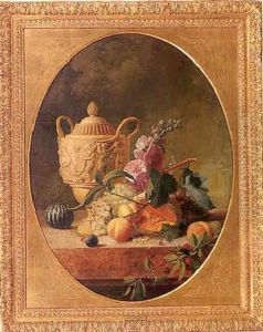 Nature Morte Aux Fruits Et Vase En Terre Cuite Sur Un Entablement De Marbre