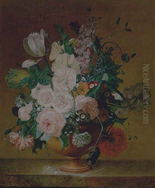 Still Life Of Roses, Tulips, Peonies, Stocks, Carnations, Poppies And Other Flowers In A Terracota Vase, Resting On A Ledge - view 1