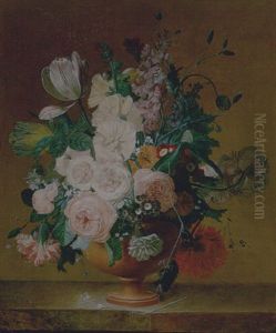 Still Life Of Roses, Tulips, Peonies, Stocks, Carnations, Poppies And Other Flowers In A Terracota Vase, Resting On A Ledge by Jean Louis Prevost