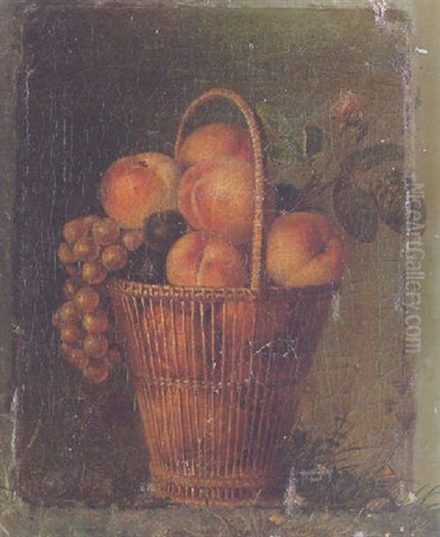 Still Life Of Peaches, Plums, Grapes And A Rose In A Wicker Basket - view 1