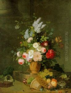 Still Life Of Lilacs, Roses, Peonies, Tulips And Other Flowers In An Urn Resting On A Plinth With A Basket Of Fruit