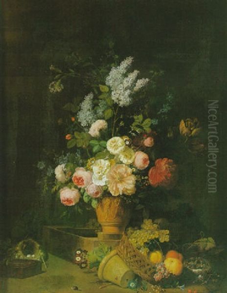 Nature Morte Au Bouquet De Fleurs Dans Un Vase Orne De Bas-relief Et Corbeille De Fruits - view 1