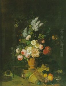 Nature Morte Au Bouquet De Fleurs Dans Un Vase Orne De Bas-relief Et Corbeille De Fruits