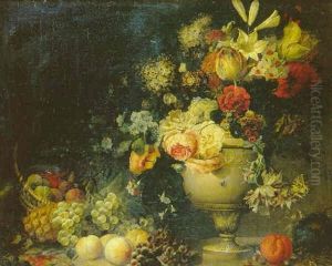 Nature Morte Au Vase De Fleurs Et Corbeille De Fruits Sur Un Entablement by Jean Louis Prevost