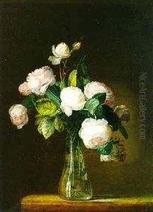 Still Life Of Roses In A Glass Vase On A Stone Ledge by Jean Louis Prevost