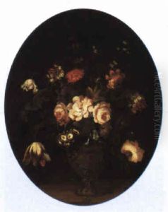 Still Life Of Flowers In A Vase On A Ledge