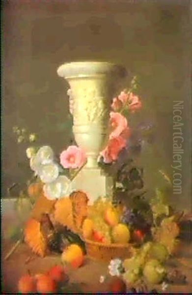 Nature Morte Au Panier De Fruits Et Branche De Fleurs Entourant Une Urne A Decor De Putti En Bas-relief - view 1