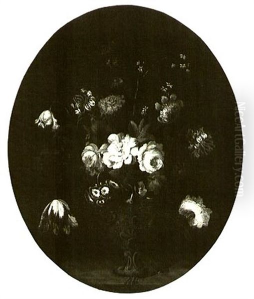 Still Life Of Flowrs In A Vase On A Ledge - view 1