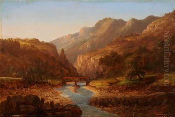 Gebirgslandschaft Mit Holzbrucke Uber Einen Bach - view 1