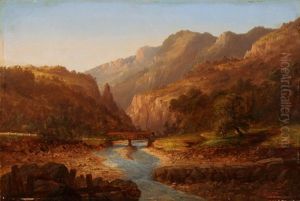 Gebirgslandschaft Mit Holzbrucke Uber Einen Bach
