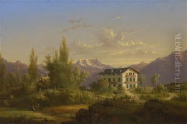 Schweizer Gebirgslandschaft Mit Bauernhaus - view 1