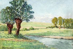 Golden Meadows With Running Stream And Cattle by Andre Prevot-Valeri