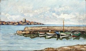 Boats Moored At A Quay, A Village Beyond Boats Moored At A Quay, A Village Beyond