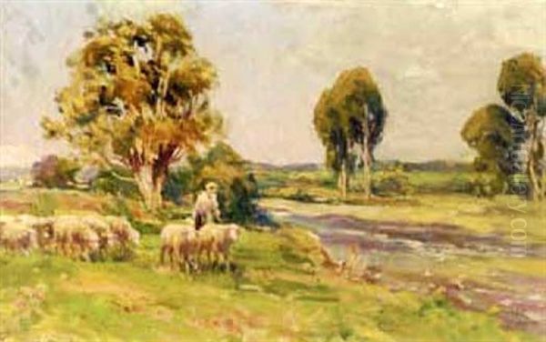 Shepherdess And Flock In A River Landscape - view 1
